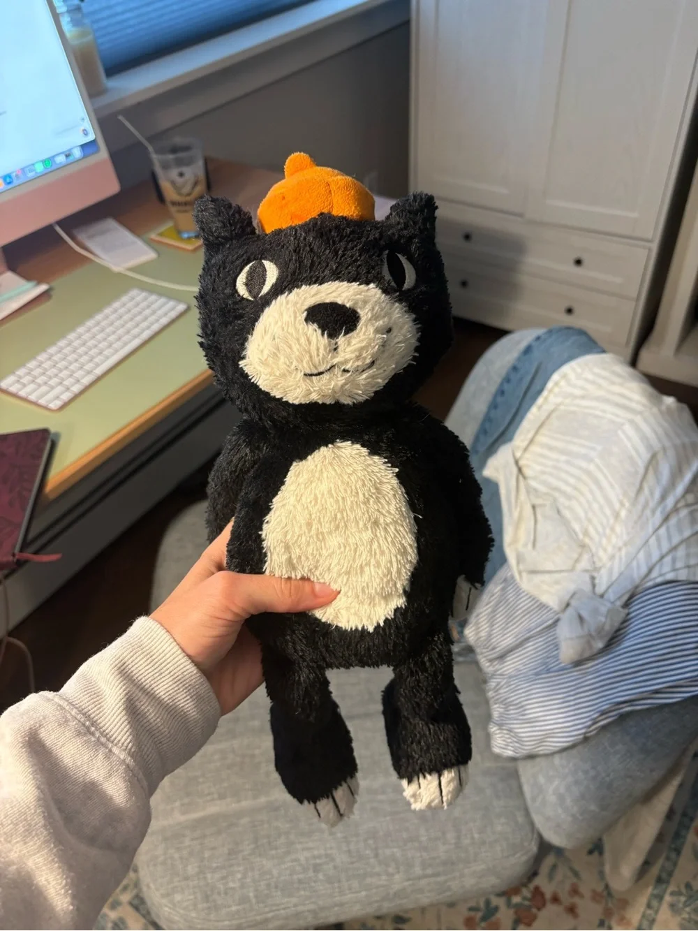 Jellycat Black and Cream Plush Cat with Orange Hat - Picture 1 of 4